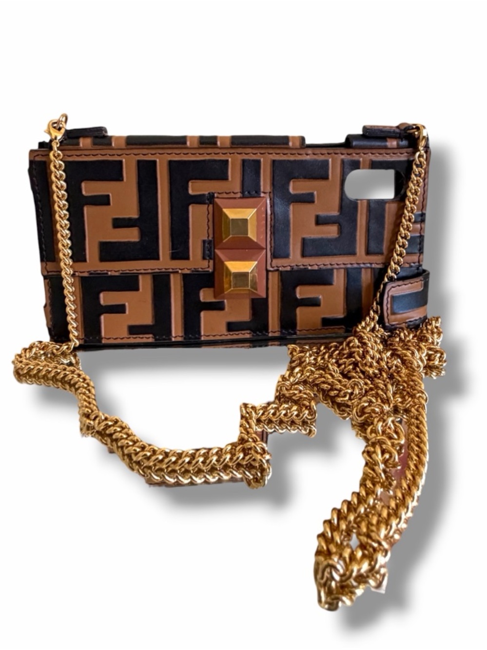 Fendi Brown Black Zucca Leather Bag  iPhone Case Bag Gold Strap X/XS & More - Picture 3 of 15